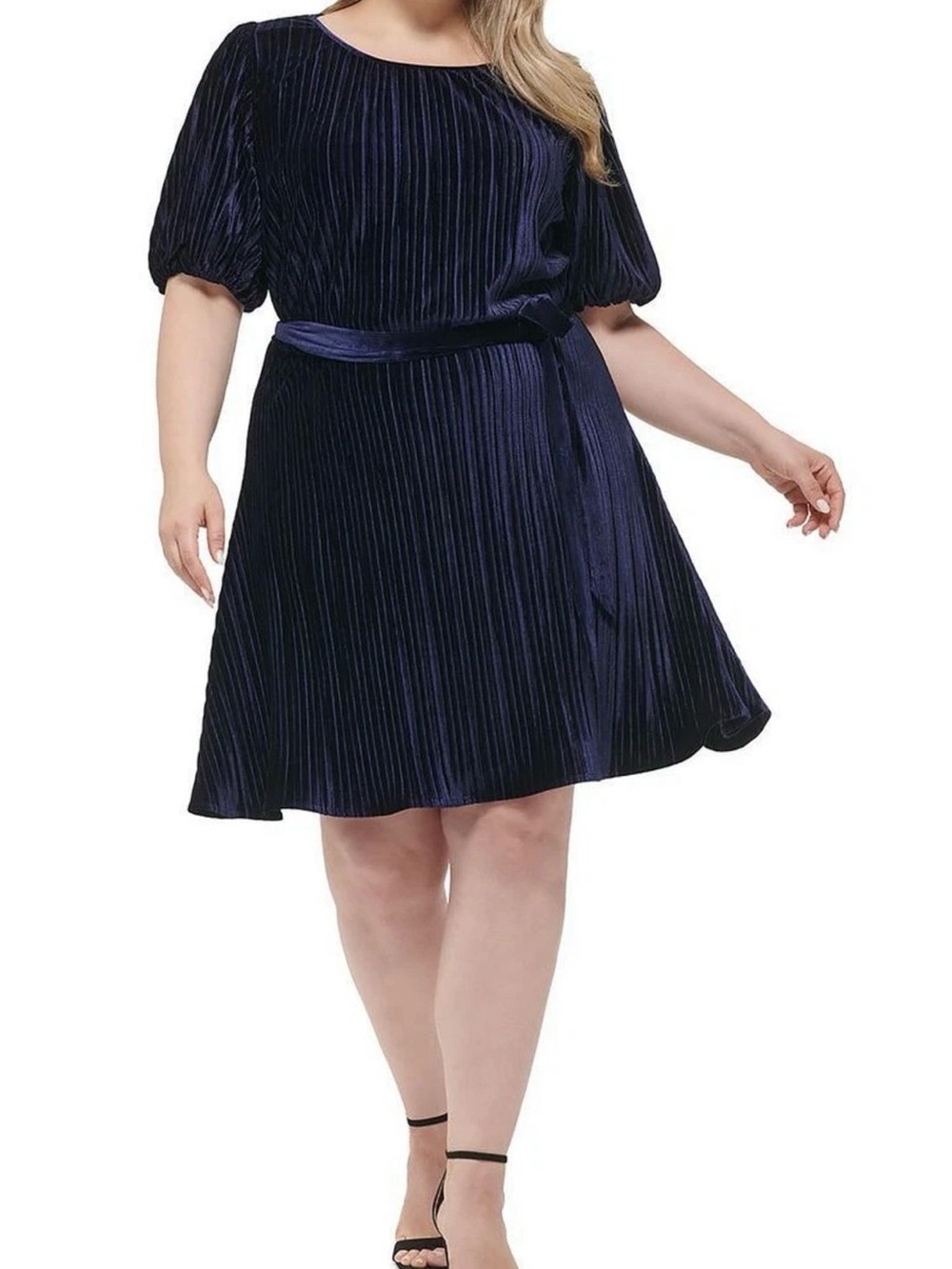 DKNY Navy Pleated Velvet Fit-and-Flare Dress